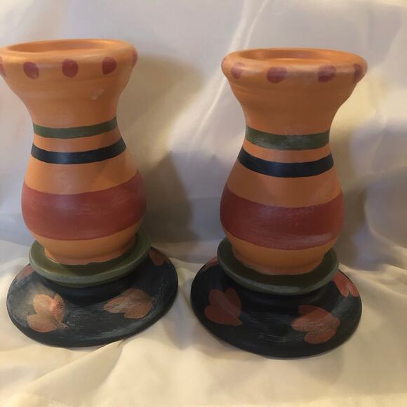 Rustic Primitive Southwestern Terra Cotta Candle Holders Hand Painted - Picture 3 of 7